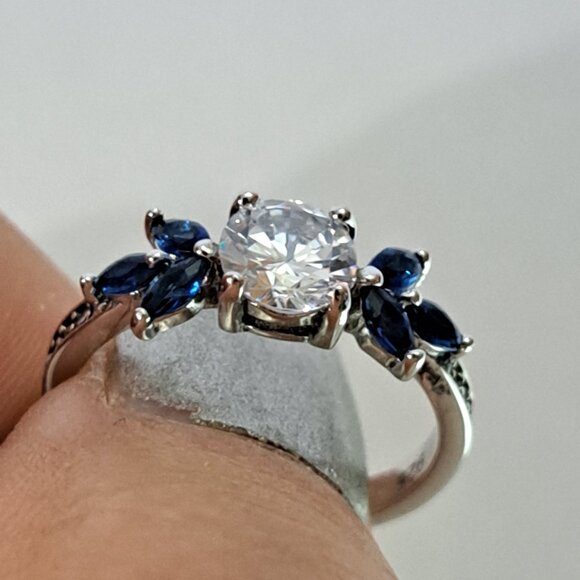 Sterling Silver 925 Stamped Ring. Blue Sapphire and Diamond look stones, Size 7 - Picture 3 of 4